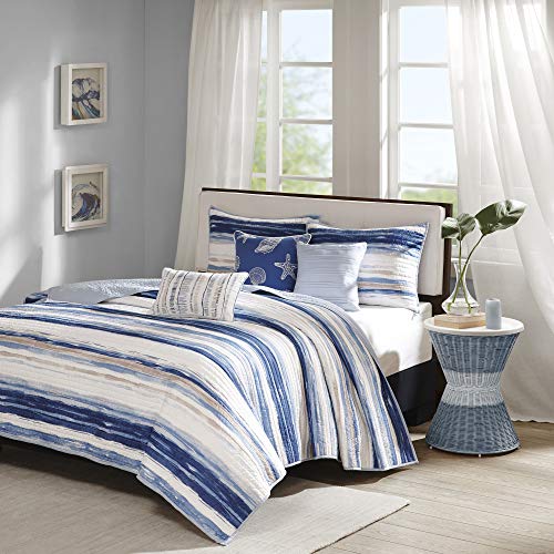 Madison Park Quilt Set Cottage Coastal Design, 6 Piece Set - All Season, Coverlet Bedspread Lightweight Bedding Layer, Shams, Toss Pillows, King/Cal King(104"x94"), Blue/White Madison Park