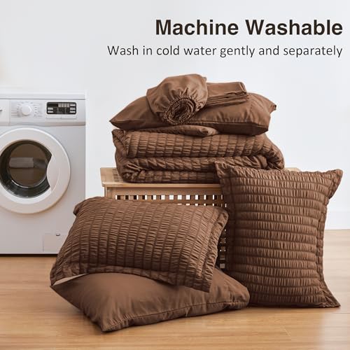 Love's cabin Seersucker Brown Full Comforter Set, 7-Piece All Season Lightweight Bed in a Bag Bedding Set with Comforter, Flat Sheet, Fitted Sheet, Pillowcases and Shams