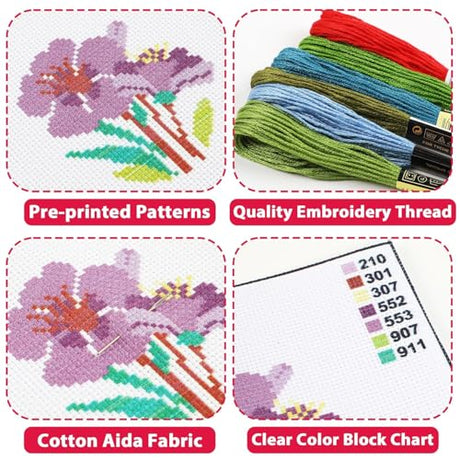 ZOIIWA 6PCS Spring Themed Flower Cross Sewing Kits for Beginners Flower DIY Embroidery Kit for Kids Adults Party Birthday Christmas Gift Needlepoint Patterns with 2 Embroidery Hoops Craft Supplies ZOIIWA
