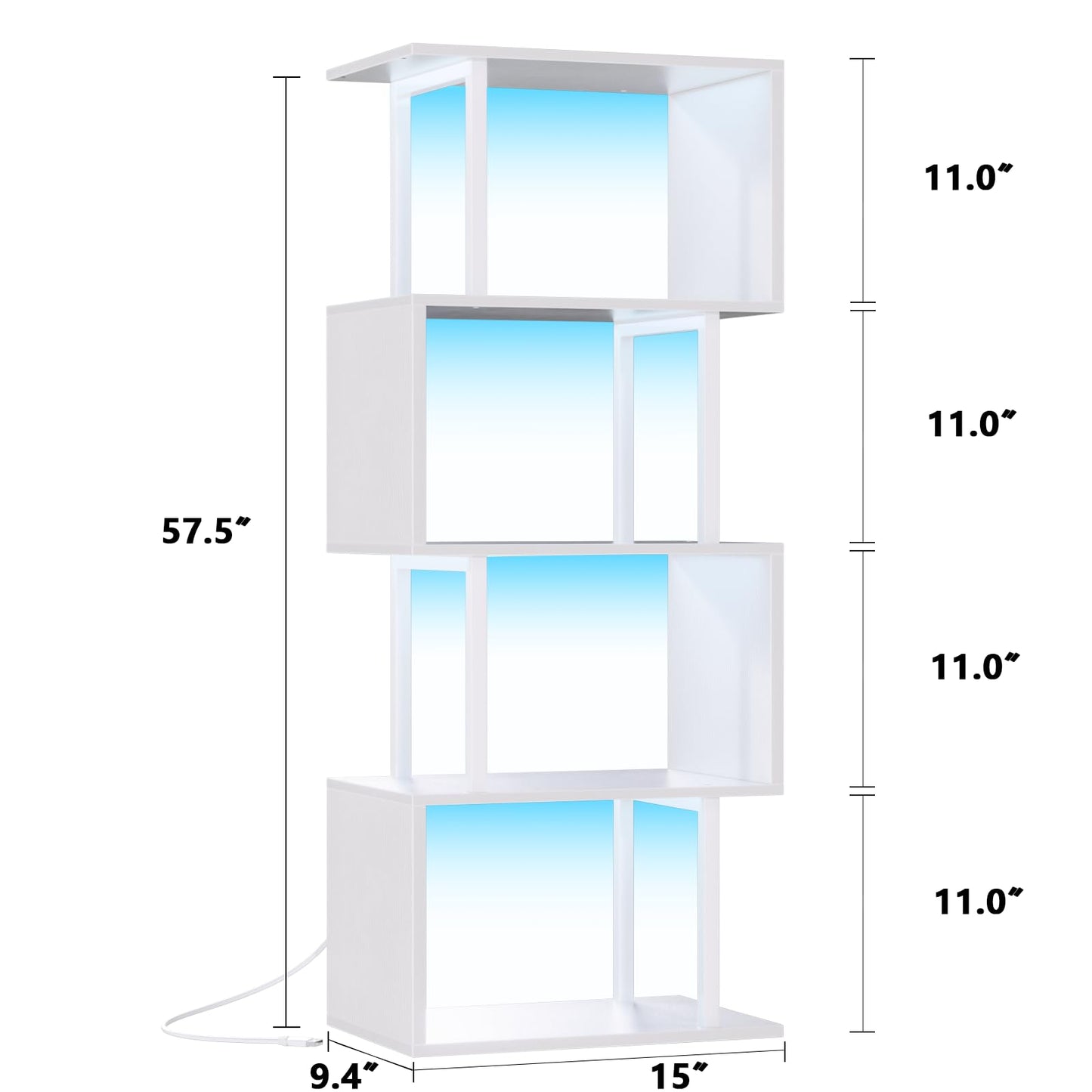 Furologee White Geometric Bookshelf with LED Light, 5 Tier S-Shaped Small Bookcase, Modern Display Standing Shelf, Metal Wooden Decorative Storage Shelves for Bedroom, Living Room, Office