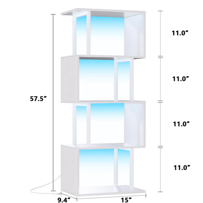 Furologee White Geometric Bookshelf with LED Light, 5 Tier S-Shaped Small Bookcase, Modern Display Standing Shelf, Metal Wooden Decorative Storage Shelves for Bedroom, Living Room, Office