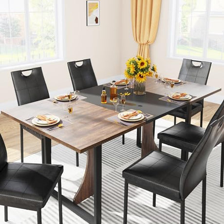 chartustriable 7PCS Dining Table Set for 4 5 6 People, 71" Large Long Wooden Kitchen Table with 6 Chairs (Brown+Black, 71IN Table+6 PCS Chairs) chartustriable