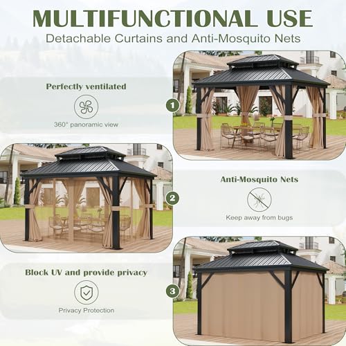 Prime Garden 10'x12' Hardtop Gazebo, Galvanized Steel Double Roof Gazebo with Aluminum Frame, Metal Gazebo w/Privacy Curtains and Nets, Outdoor Gazebo for Patio, Lawn, Backyard Prime Garden