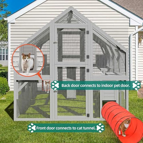 YITAHOME Extra Large Catio Outdoor Cat Enclosure, 110 Inch Outside Cattery with Weatherproof Roof, Scratcher Ramp, Cat Space Capsule Bed, 2 Bridges, 2 Resting Houses, 7 Solutions YITAHOME