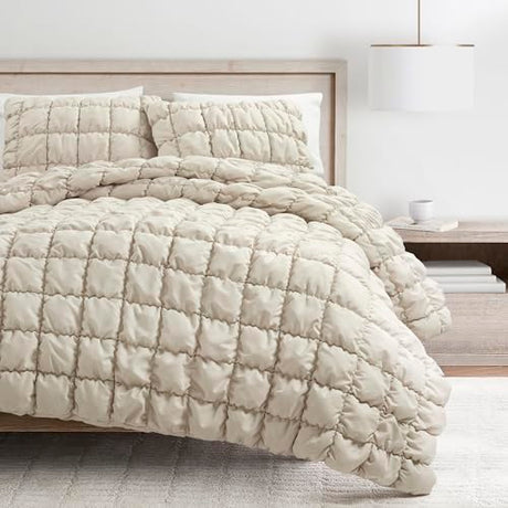 Lush Decor Puff Quilted Comforter Set, 3 Piece Set, Full/Queen, Neutral - Teen Bedding Set - Super Soft Comforter - Neutral Dorm Decor - Textured Minimalist & Modern Bedroom Decor Lush Decor