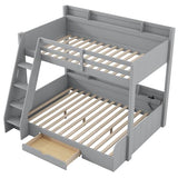Twin over Full Bunk Bed with Storage Shelves, Wood Twin Bunk Beds with Ladder and Built-in Drawer, Multifunctional Bunk Bed Frame with Led Lights and Charging Station for Kids Girls Boys, Gray Harper & Bright Designs