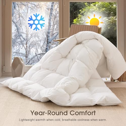 Cobnom® Feather and Down Fibres Comforter Queen Size - 100% Organic Cotton, Quill-Free & Ethical, Luxury All Season Duvet Insert (White, 90x90 Inches) Cobnom