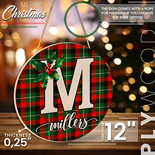 Custom Christmas Round Wood Signs w/Name & Text - 12x12 - Personalized Christma Circle Wooden Door Sign Décor for Home Farmhouse Gifts - Customized Hanging Wall/Door Noel/Xmas Wood Board Xmas - WoodArtSupply