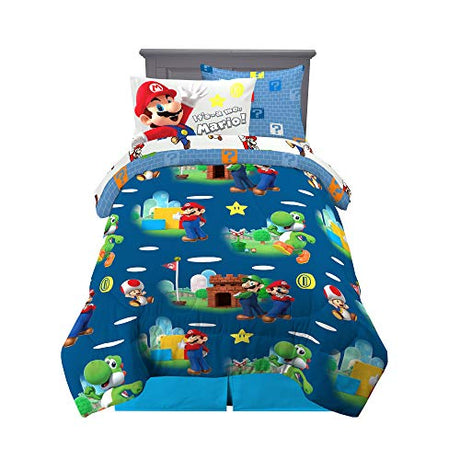 Super Mario Bros Kids Bedding Super Soft Cozy Reversible Comforter and Sheet Set with Sham, 5 Piece Twin Size Nintendo Gamer Bed Set, (100% Officially Licensed Product) by Franco Franco
