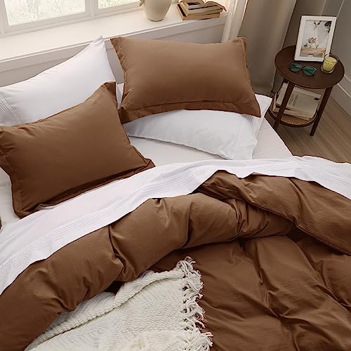 Bedsure Brown Duvet Cover Queen Size - 3 Pieces Prewashed Cotton-Like Extra Soft Bedding Set, Includes 1 Duvet Cover 90x90 Inches with Zipper Closure & 2 Pillow Shams, Comforter Not Included