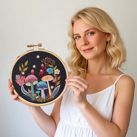 Myfelicity Embroidery Kit with Mushroom Patterns, 3 Hoops, Fabric, Threads, Needles, Instructions (Colorful) Myfelicity