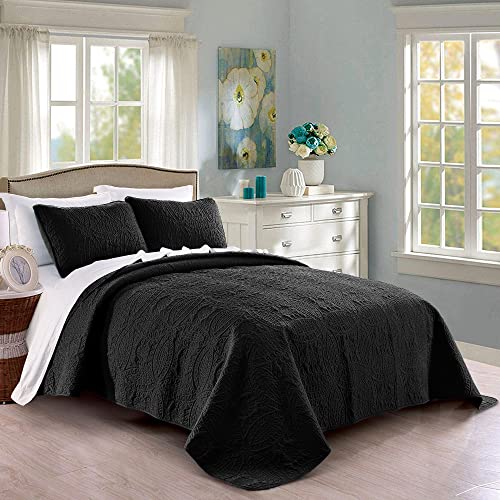 Pure Bedding Quilt Set Full/Queen Size Black - Oversized Bedspread - Soft Microfiber Lightweight Coverlet for All Season - 3 Piece Includes 1 Quilt and 2 Shams, Geometric Pattern Pure Bedding