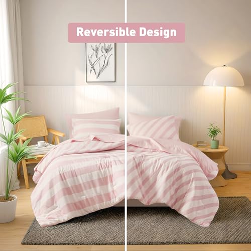 Reversible Striped Twin Comforter Set-Bed in A Bag 5-Pieces Bedding Set with Double-sided Stripes Design-Warm & Cozy Bed Set Includes Twin Size Comforter, Sheets Set, Pillowcase and Sham, Blush Regency Heights