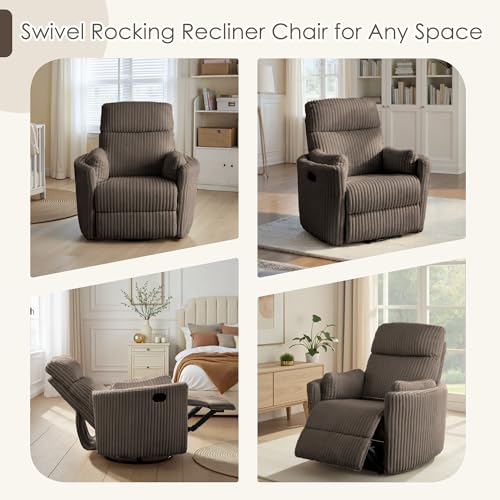 Chizzyseat Nursery Rocking Chairs Comfy High Back 360 Swivel Rocker Recliner with 2 Pillows Glider Recliner Nursery Chair for Adults Small Spaces Nursing Bedroom Living Room Brown