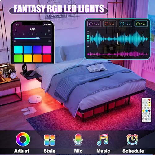 OLALITA Floating Full Size Platform Bed Frame with LED Lights & USB Charging Station Sturdy Metal Frame with Hidden Legs, No Box Spring Needed, Effortless Assembly(Black, Full) OLALITA