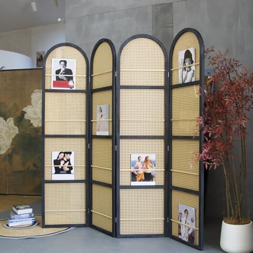 Furnnylane 4 Panel Room Divider Screen and Folding Panel Screen in Arch Shape and Book Storage Function,Double Sided Rattan Divider for Room Separation,Brown,70.9" H x 70.9" W Furnnylane