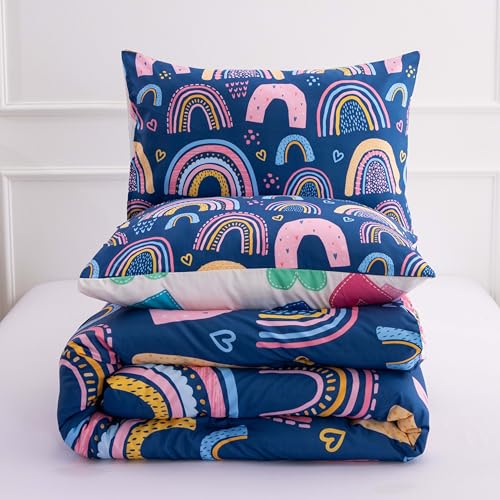 Btargot Lightweight Soft 3 Piece Rainbow Comforter Set with 2 Pillow Covers, Cartoon Love Hearts Suns and Stars Bedding Set for Girls Boys Kids, Twin Dark Blue Btargot