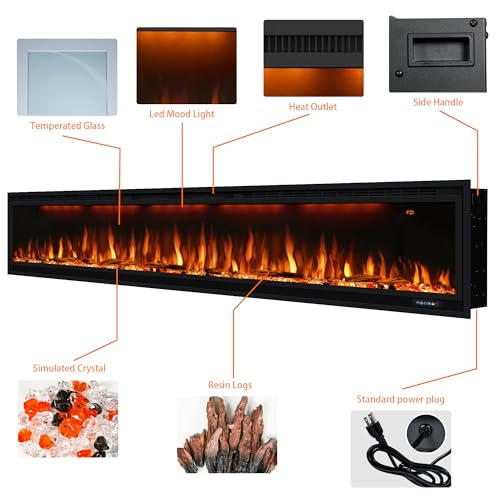 100 inch Smart Electric Fireplace, Wall Mounted Fireplace Insert for Living Room, Realistic Flame Fire w/Multicolor, Large Linear Fireplace Recessed in Wall, Black (100") Dreamflame