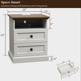 ENOUSHU Night Stand Set 2 with Charging Station, Bedside Table with 2 Drawers Storage and Open Shelf, Wood Farmhouse Nightstands with Outlets for Bedroom Office, White ENOUSHU