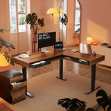 HUANUO Electric L Shaped Standing Desk, 63″x55″ Height Adjustable Corner Computer Desk with 2 Under Desk Drawers & Open Storage Sapce, Sit Stand Up Table with Power Strip Tray & Cable Grommets, Walnut HUANUO