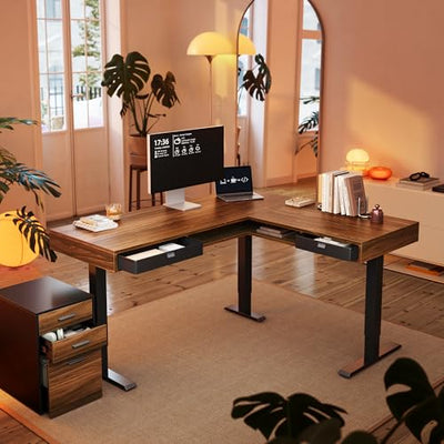 HUANUO Electric L Shaped Standing Desk, 63″x55″ Height Adjustable Corner Computer Desk with 2 Under Desk Drawers & Open Storage Sapce, Sit Stand Up Table with Power Strip Tray & Cable Grommets, Walnut