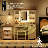 GlasFlength Farmhouse Makeup Desk with Mirror & Light 40'' Glass Tabletop Table with 2 Drawers & Hidden Jewelry Cabinet Rustic Big Vanity Charging Station Set Stool Included Bedroom, Vintage White GlasFlength