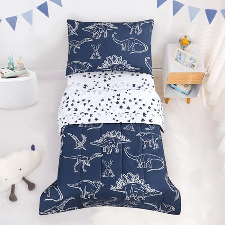 Jundetye 4 Pieces Dinosaur Toddler Bedding Set for Boys, Soft Breathable Toddler Comforter Set, Dino Print Navy, Includes Reversible Comforter, White Fitted Sheet and Flat Sheet, Pillowcase Jundetye
