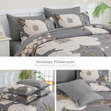 Luxudecor Floral King Comforter Set 7 Pieces Bed in a Bag, White Flower Print on Grey Bedding Set, Soft Reversible Comforter with Sheet Set 104"x90" Luxudecor