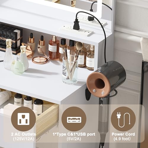 ProsperHaven Vanity Desk with LED Mirror and Lights, Makeup Vanity Table with Power Outlet, Drawers, Cabinet, Dressing Table with Open Storage Shelves for Bedroom, Dressing Room, White ProsperHaven