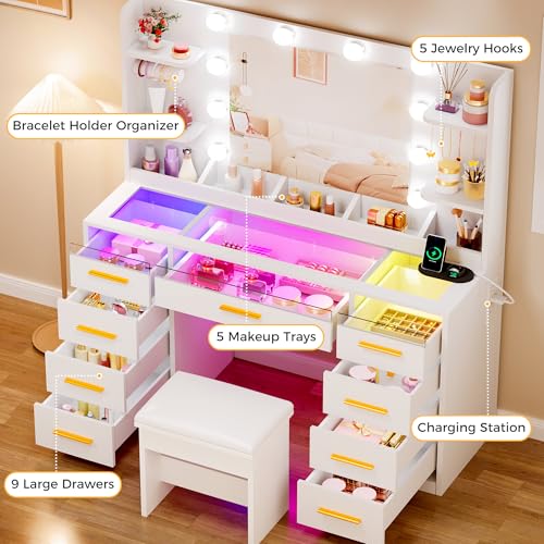 ANWBROAD Vanity Desk with Mirror and Lights 3 Colors Large Makeup Vanity Table Set Transparent Glass Top with 9 RGB Drawers, 4 Shelves Vanity Desk with Stool Power Outlet White Bedroom Women UBDT94W ANWBROAD
