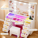 ANWBROAD Vanity Desk with Mirror and Lights 3 Colors Large Makeup Vanity Table Set Transparent Glass Top with 9 RGB Drawers, 4 Shelves Vanity Desk with Stool Power Outlet White Bedroom Women UBDT94W ANWBROAD