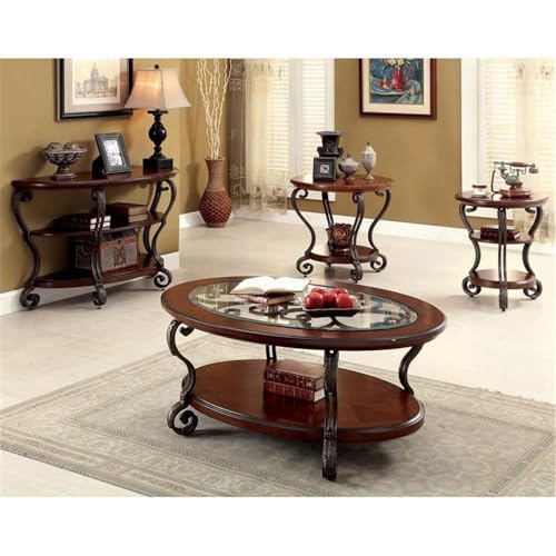 BOWERY HILL Traditional 2-Shelf Wood Console Table, 48" W x 19" D x 30" H, Brown Cherry Finish, Solid Wood and Veneer, Scrolled Metal Legs, Tempered Glass Top, Space-Saving Living Room Entryway Decor BOWERY HILL