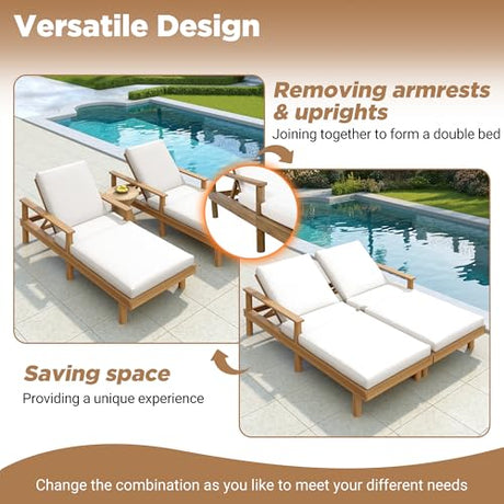 Acacia Wood Outdoor Double Chaise Lounge with 5-Position Adjustable Backrest and Armrest, All Weather Patio Recliner Chair Set of 2 with Cushions and Round Legs for Poolside Garden (Teak-4.3) XD Designs