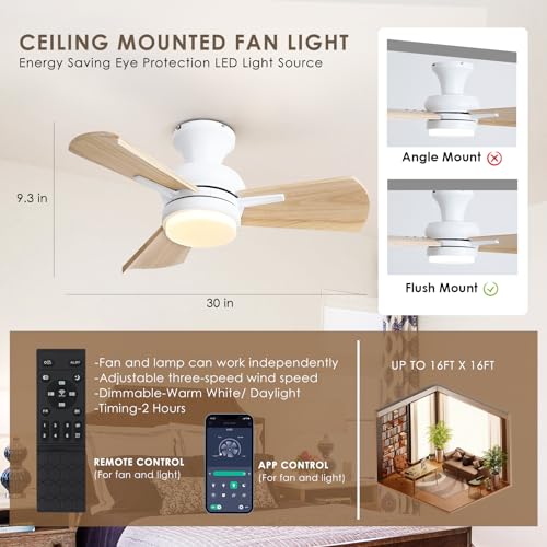 Mpayel 30" Small Ceiling Fan with Light - Wood Flush Mount Ceiling Fan with Dimming and Memory Function, Noiseless DC Motor, Farmhouse Ceiling Fans for Indoor, Bedroom, Kitchen - White - WoodArtSupply