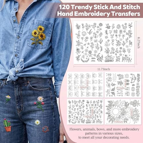 CLRDIVA Hand Embroidery Kit for Clothes: 120 Trendy Designs Flower Embroidery Patterns Stick and Stitch Transfers - Stamped Water Soluble Stabilizers for Adult Experienced Crafters DIY T-Shirts Jeans CLRDIVA