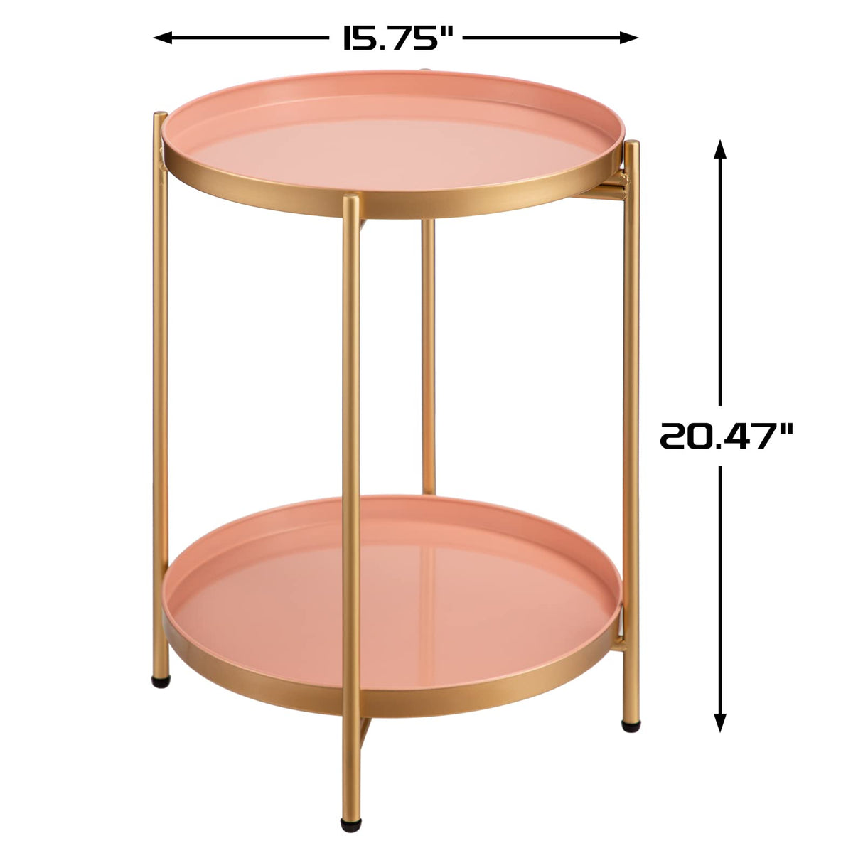 HollyHOME 2-Tier Round Gold Side Table, Outdoor Small Folding Accent Stand with Removable Tray, Anti-Rust Metal Asional Table for Balcony Patio Living Room, Nightstand for Bedroom(Gold&Pink) HollyHOME