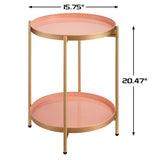 HollyHOME 2-Tier Round Gold Side Table, Outdoor Small Folding Accent Stand with Removable Tray, Anti-Rust Metal Asional Table for Balcony Patio Living Room, Nightstand for Bedroom(Gold&Pink) HollyHOME
