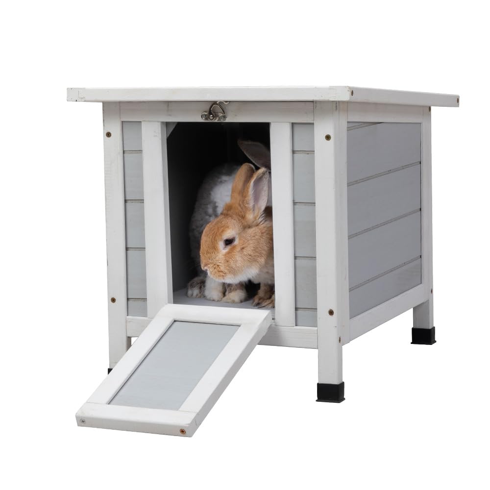SANDINRAYLI Outdoor Cat House, Outside Rabbit Hutch Weatherproof, Small Bunny Hutch for 2 Rabbits, Wooden Cat Shelter for Duck, Chicken, Insulated Cat Houses and Hideouts for Feral Cat, Grey Sandinrayli