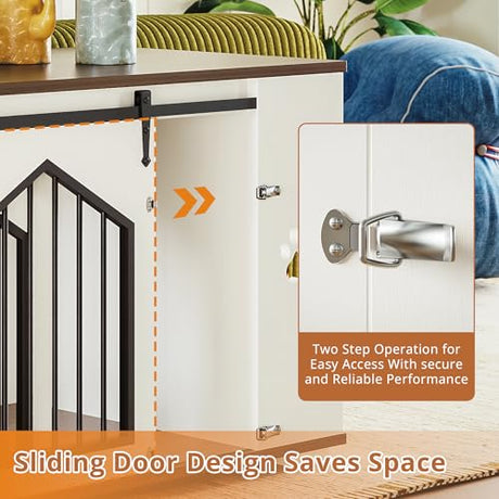 IRONCK Large Dog Crate Furniture with 2 Rotatable Dog Bowls, Wooden Dog Kennel with 2 Adjustable Shelves, Barn Doors Decorative Pet Cage Dog House as TV Stand, White IRONCK
