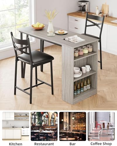 GarveeHome Extendable Bar Table Set for 2, 16 in Wide Cushions for Comfortable Seating, Bar Table and Chairs Set, Suitable for 2-4 People, Sturdy and Durable New Choice, Gray GarveeHome