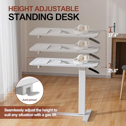 OUKMIC Mobile Standing Desk Portable Pneumatic Laptop Rolling Cart Adjustable Height, Tiltable Overbed Table Sit Stand Computer Workstations for Home Office w/Wheels Flat Desk 32", White OUKMIC