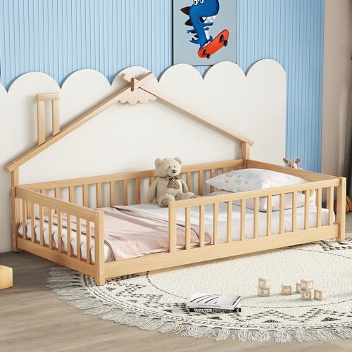 Bellemave Twin Size Montessori Floor Bed with House Roof and Safety Rails - Natural Wood Frame for Kids - WoodArtSupply