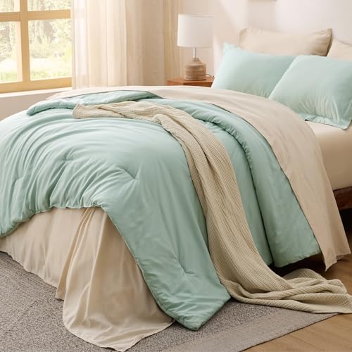 Bedsure King Size Comforter Set Sage Green, 7 Pieces Lightweight King Bedding Sets Boho, Bed in a Bag with Comforter, Sheets, Pillowcases & Shams, Contrasting Design Bedsure