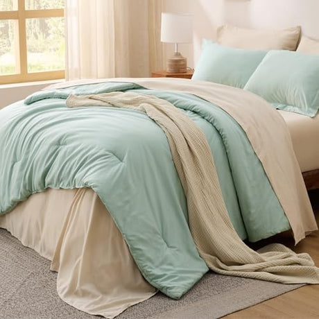 Bedsure King Size Comforter Set Sage Green, 7 Pieces Lightweight King Bedding Sets Boho, Bed in a Bag with Comforter, Sheets, Pillowcases & Shams, Contrasting Design Bedsure