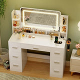 JUMMICO Makeup Vanity Desk with Large Mirror and LED Lights, Vanity with Power Strip and Hairdryer Holder, 6 Open Shelves and 7 Drawers Modern Dressing Table, for Bedroom (White) JUMMICO