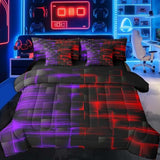 Feelyou Red and Purple Comforter Set with Sheets 7 Piece Queen Size Kids Geometric Bed in a BagStrip Lines Bedding Set Abstract Art Bed Set with Comforter, Sheets,Pillowcases,Cushion Covers Feelyou