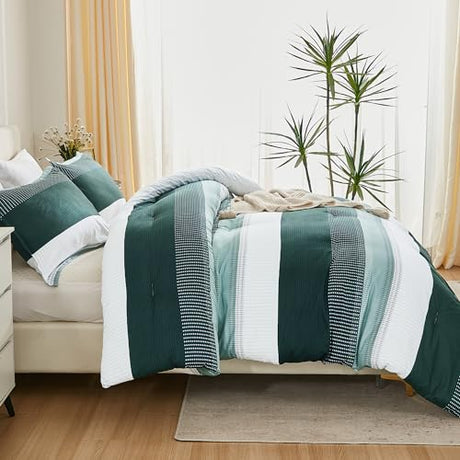 Litanika Dark Emerald Green Bed Comforter Twin/Twin XL Set, 2 Pieces Twin Extra Long Size Boys Men Forest Bedding Set, Single Colorblock Striped Bed Set Litanika