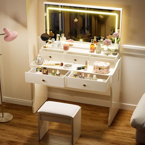 COMHOMA Makeup Vanity Desk with Mirror and Lights, Vanity Table and Chair Set with 5 Drawers and Charging Station, Bedroom Dresser LED Mirror Stepless Dimmable & 3 Color Modes Adjustable, Pearl White COMHOMA