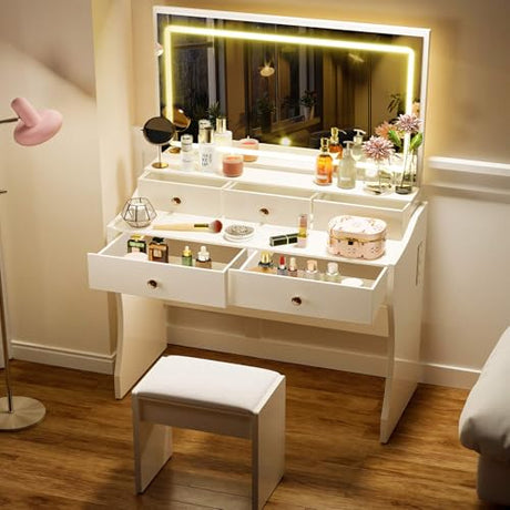 COMHOMA Makeup Vanity Desk with Mirror and Lights, Vanity Table and Chair Set with 5 Drawers and Charging Station, Bedroom Dresser LED Mirror Stepless Dimmable & 3 Color Modes Adjustable, Pearl White COMHOMA