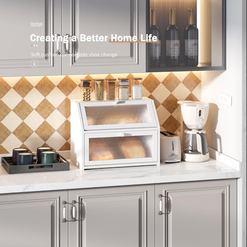 STDDRE Bread Box for Kitchen Countertop Bin Double Layer Bread Box Storage Container Extra Large Capacity Farmhouse Bread Box with Diamond Pattern Windows(Bamboo White) STDDRE